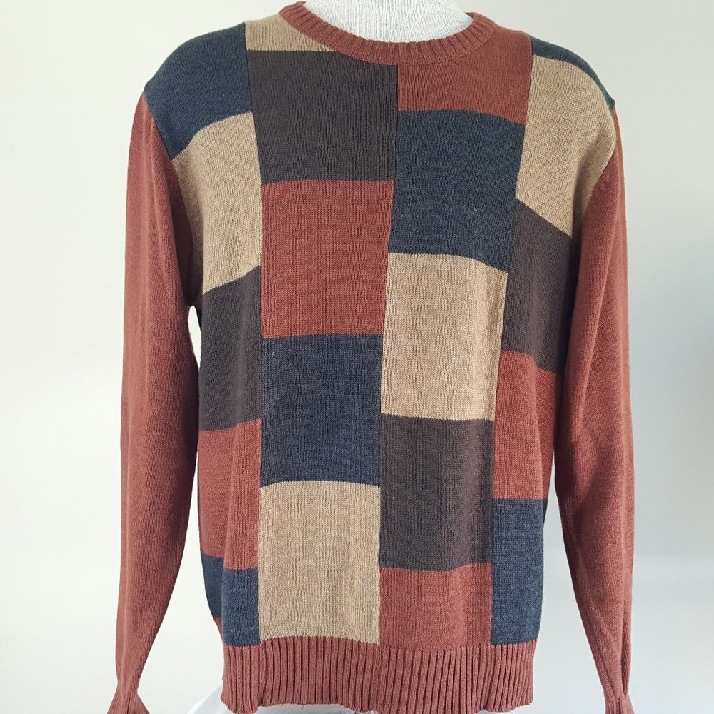 Oscar De La Renta Mens Pullover Sweater Brown Checked Print Size XL